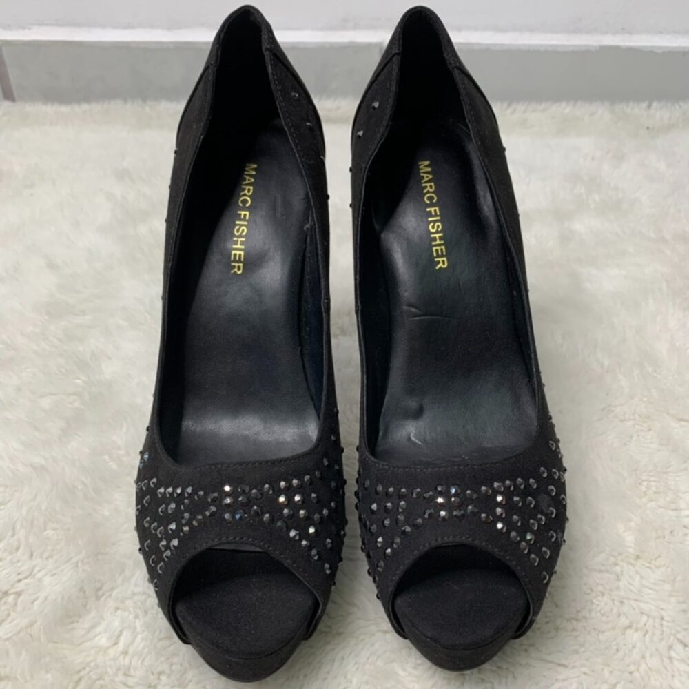 Marc Fisher Women's Black Bedazzled Bling Peep Toe Platform Heels Pumps Size 8